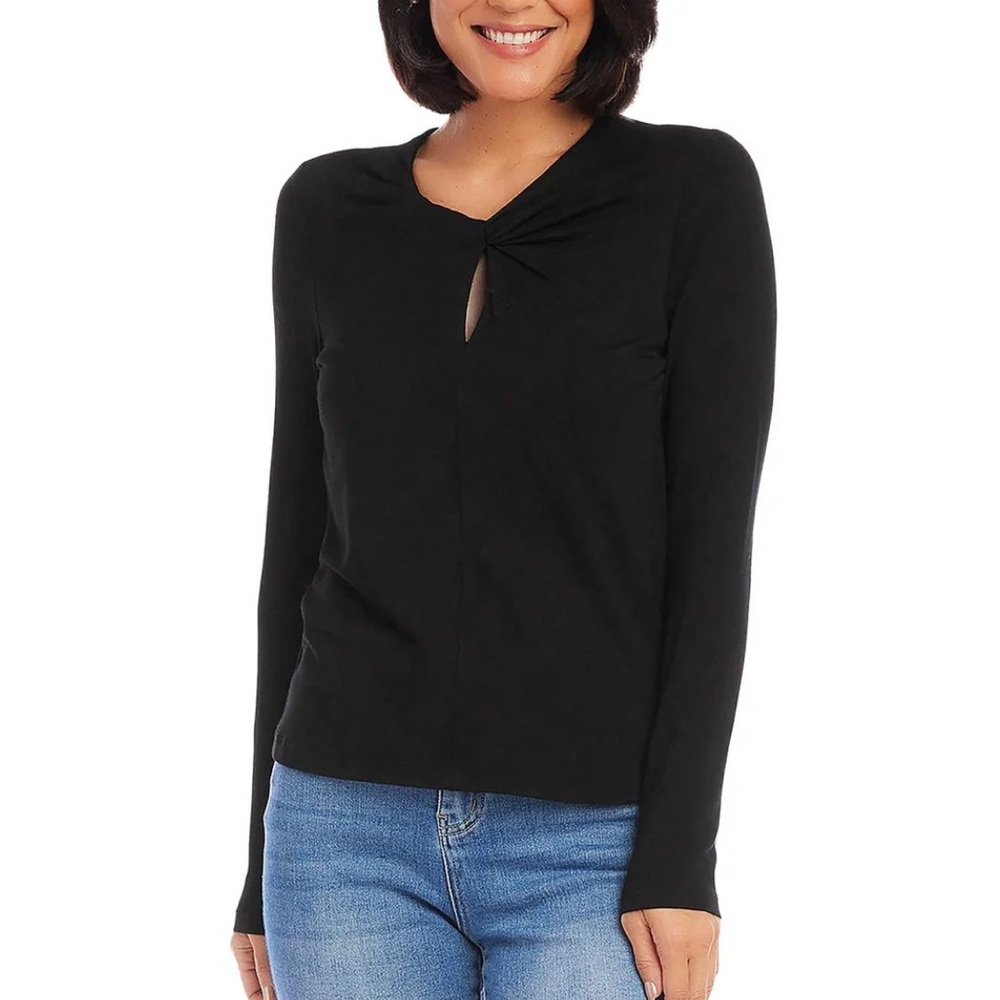 Karen Kane Womens Solid Keyhole Neck Pullover Top Black Size S